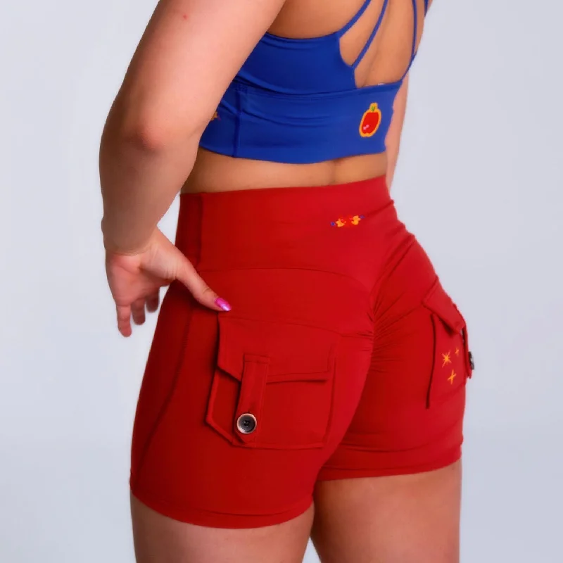 APPLE RED-POCKET SCRUNCH SHORTS -4"" INSEAM