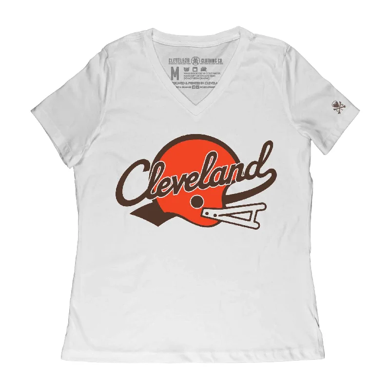 Cleveland Script Helmet - Womens Relaxed Fit Vneck T-Shirt