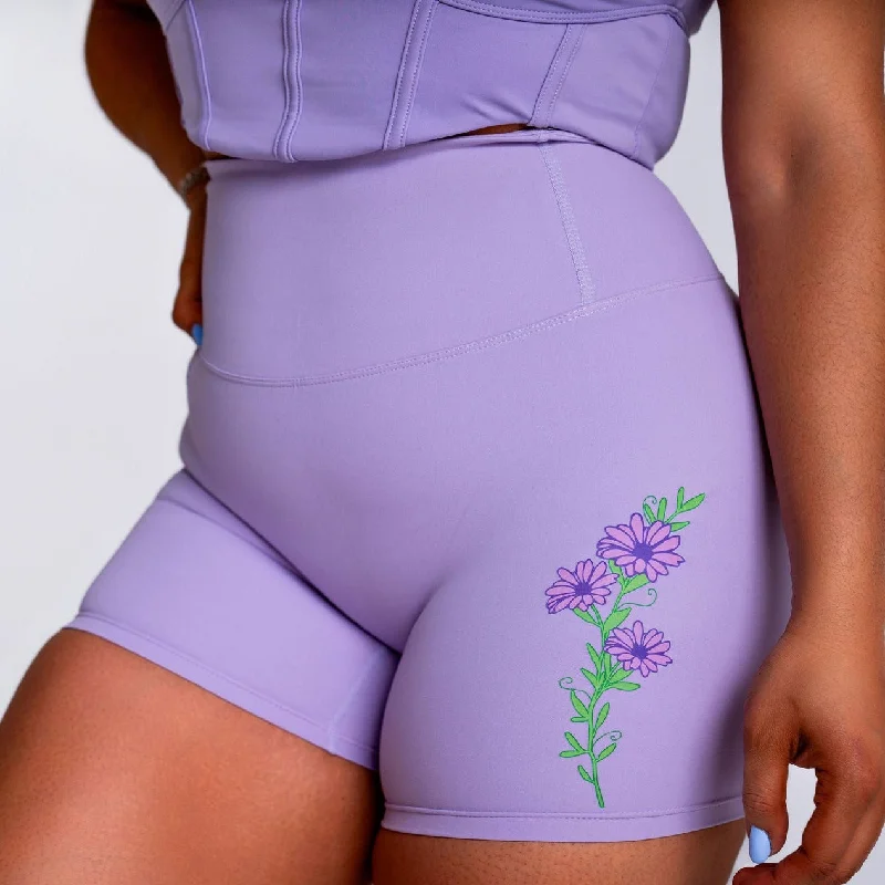 FLORAL VIOLET-CROSS-OVER WAIST SHORTS -4"" INSEAM