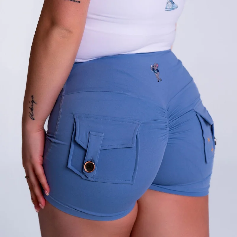 ENCHANTED BLUE-POCKET SCRUNCH SHORTS -4"" INSEAM