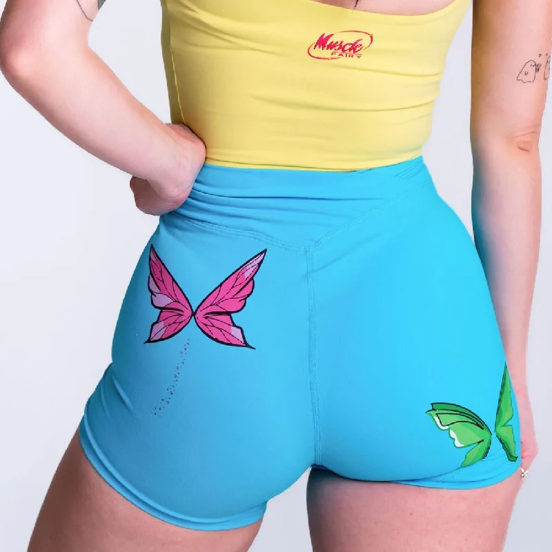 FUERTE BLUE BUTTERFLY-CROSS-OVER WAIST SHORTS -4"" INSEAM