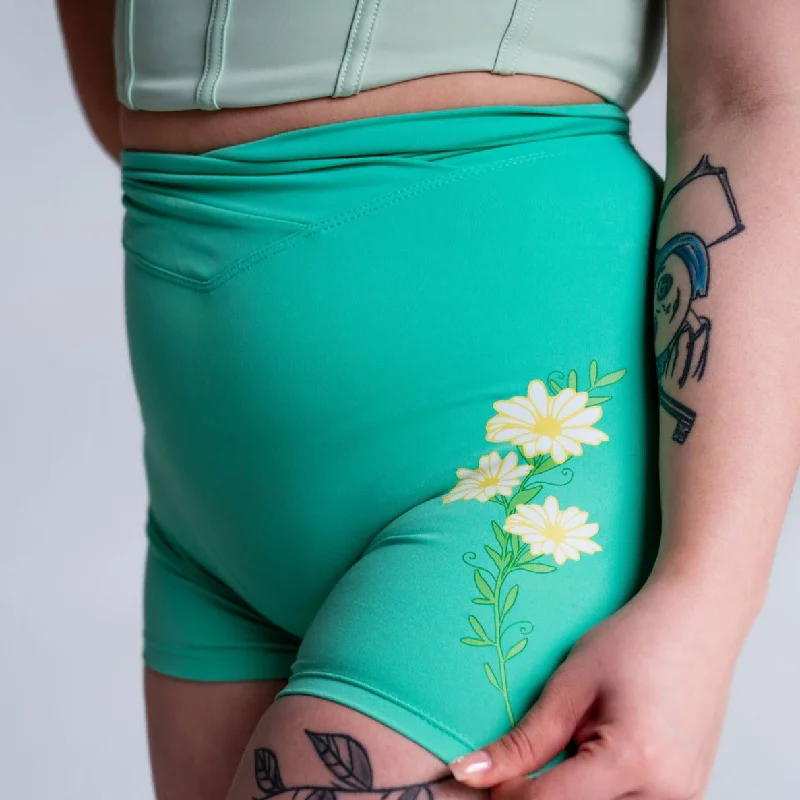 GREEN DAISY- CROSS-OVER WAIST SHORTS -4"" INSEAM