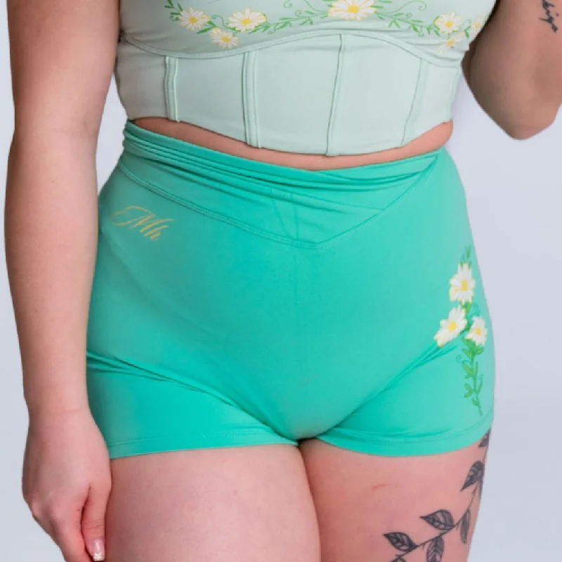 GREEN DAISY- CROSS-OVER WAIST SHORTS -4"" INSEAM