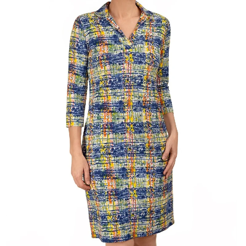 Knit Polo Collar Dress in Multicolor Plaid