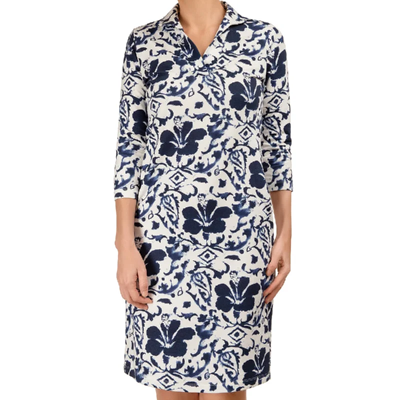 Polo Collar Knit Dress in Indigo Blooms