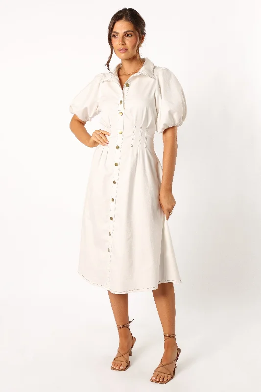 Sollie Puff Sleeve Midi Dress - White