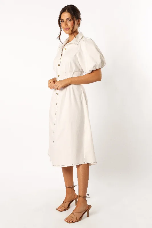 Sollie Puff Sleeve Midi Dress - White