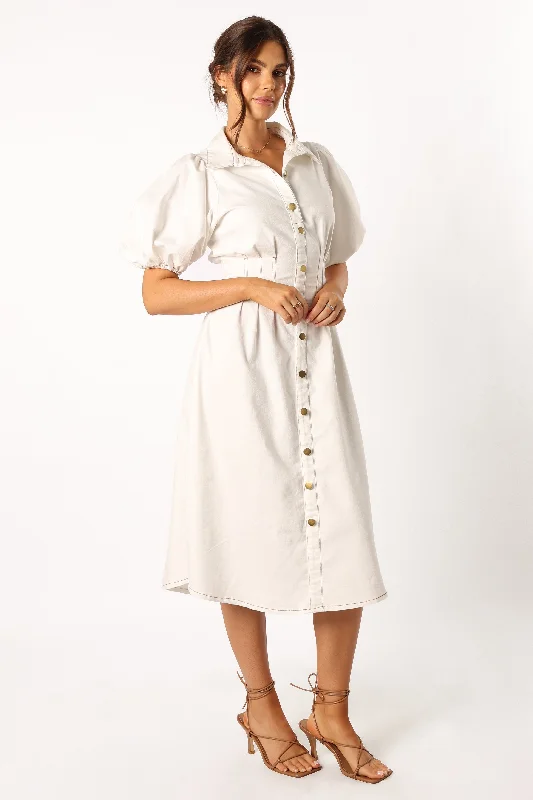 Sollie Puff Sleeve Midi Dress - White