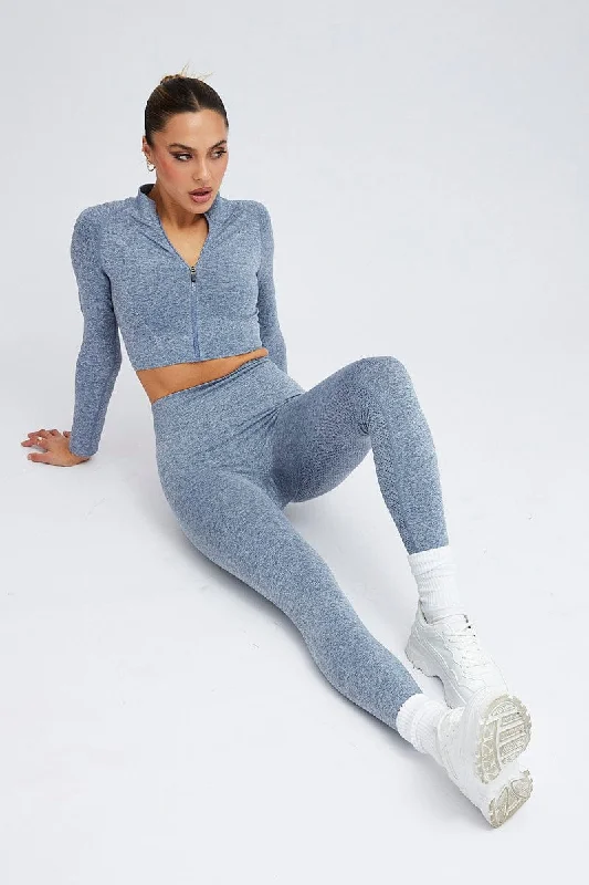 Blue Seamless Zip Up Top and Leggings Activewear Set