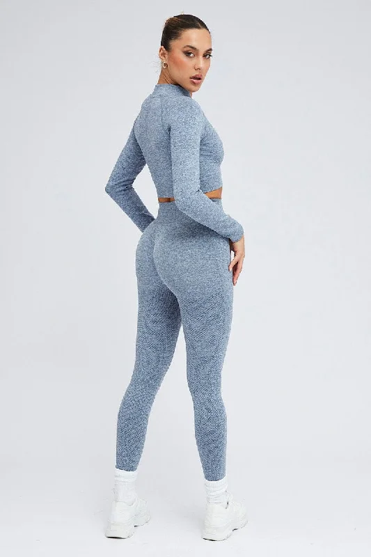 Blue Seamless Zip Up Top and Leggings Activewear Set