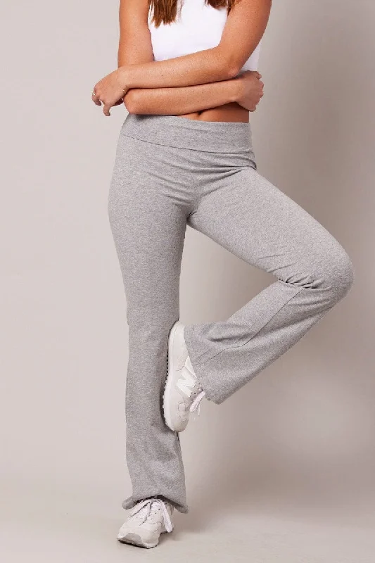 Grey Leggings Mid Rise Fold Over Waist Flared Leg